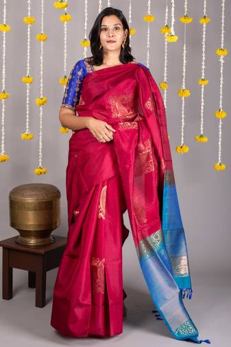 Blue and pink combination silk saree