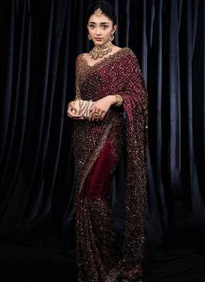 Wine Dori Zari And Sequins Work Kasturi Silk blend Georgette Saree 2