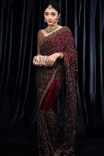 Wine Dori Zari And Sequins Work Kasturi Silk blend Georgette Saree