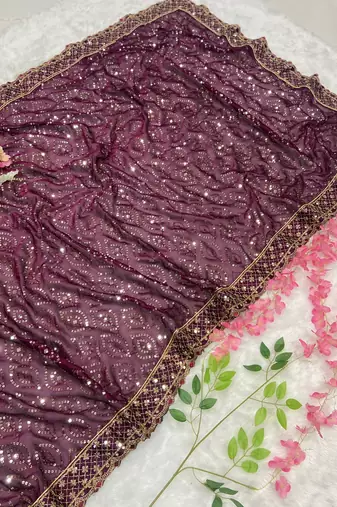 Wine Dori Zari And Sequins Work Kasturi Silk blend Georgette Saree
