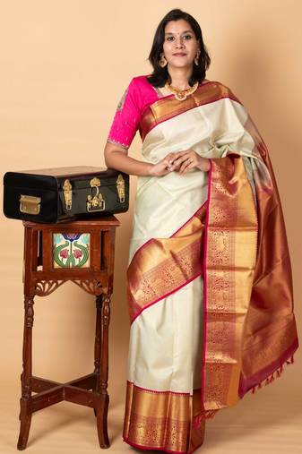 Beige pure silk saree
