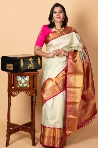 Beige pure silk saree