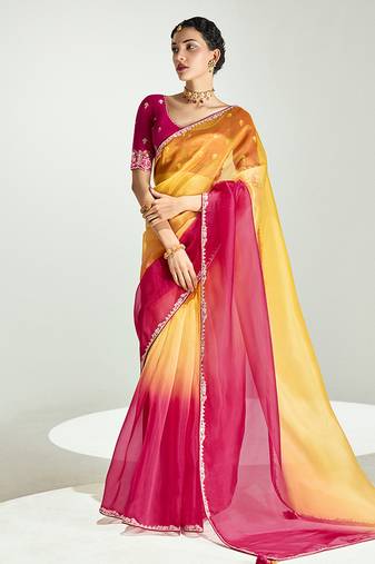 Yellow and rani pink organza tissue sequins embroidery handwork wedding wear saree