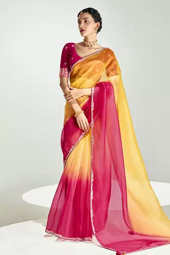 Yellow and rani pink organza tissue sequins embroidery handwork wedding wear saree