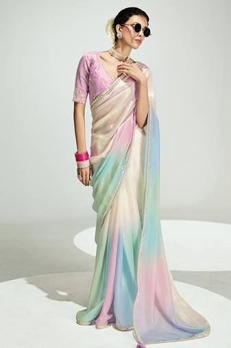 Organza tissue multi colour sequins embroidery handwork engagement wear saree