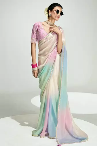 Organza tissue multi colour sequins embroidery handwork engagement wear saree