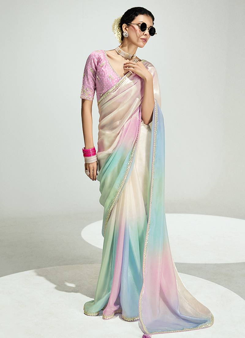 Organza tissue multi colour sequins embroidery handwork engagement wear saree