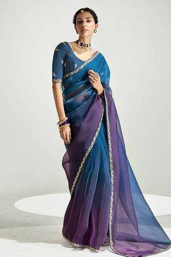 Organza tissue morpeach and purple sequins embroidery handwork engagement wear saree