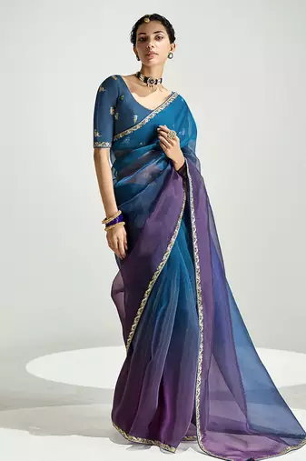 Organza tissue morpeach and purple sequins embroidery handwork engagement wear saree