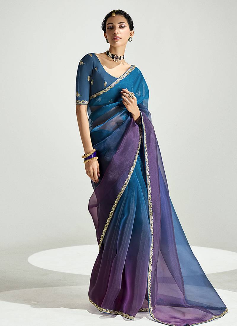 Organza tissue morpeach and purple sequins embroidery handwork engagement wear saree