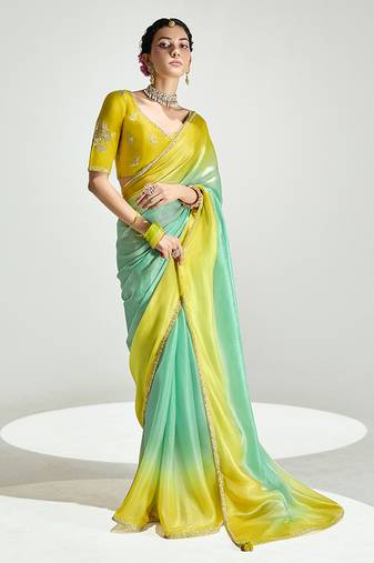 Organza tissue yellow and sea green sequins embroidery handwork engagement wear saree