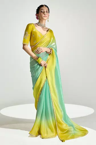 Organza tissue yellow and sea green sequins embroidery handwork engagement wear saree