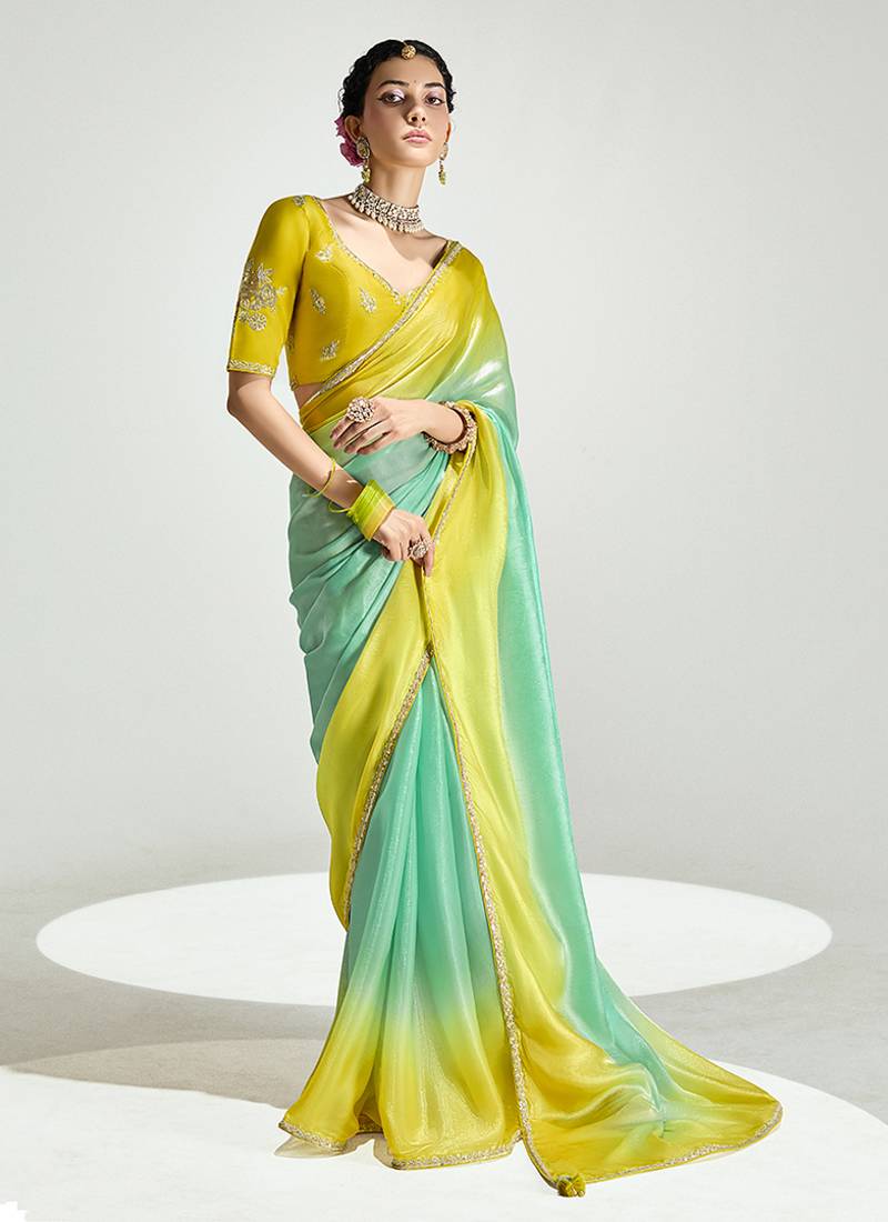 Organza tissue yellow and sea green sequins embroidery handwork engagement wear saree