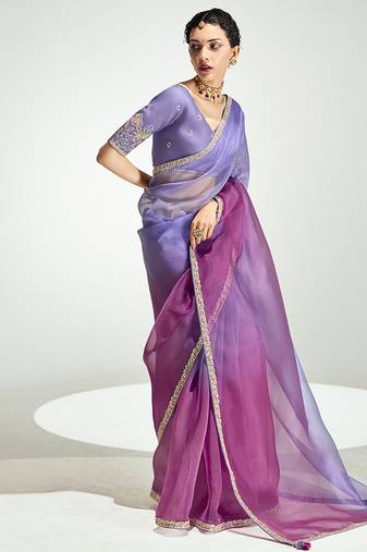 Lavender and magenta organza tissue sequins embroidery handwork wedding wear saree
