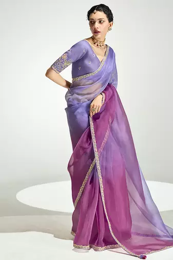 Lavender and magenta organza tissue sequins embroidery handwork wedding wear saree