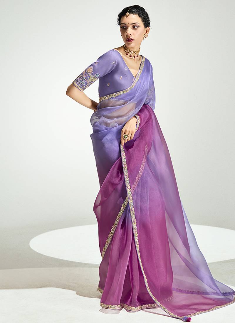 Lavender and magenta organza tissue sequins embroidery handwork wedding wear saree