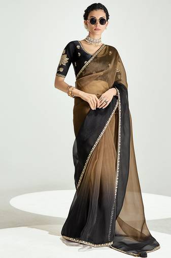 Brown and black organza tissue sequins embroidery handwork wedding wear saree