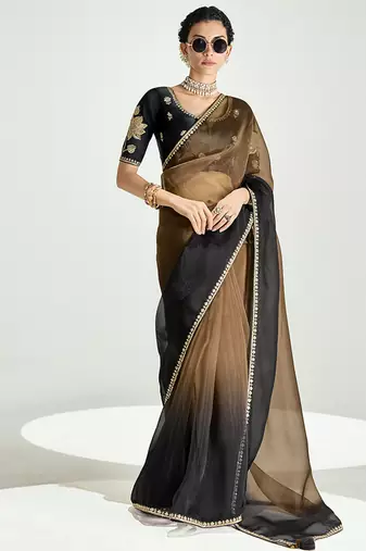 Brown and black organza tissue sequins embroidery handwork wedding wear saree