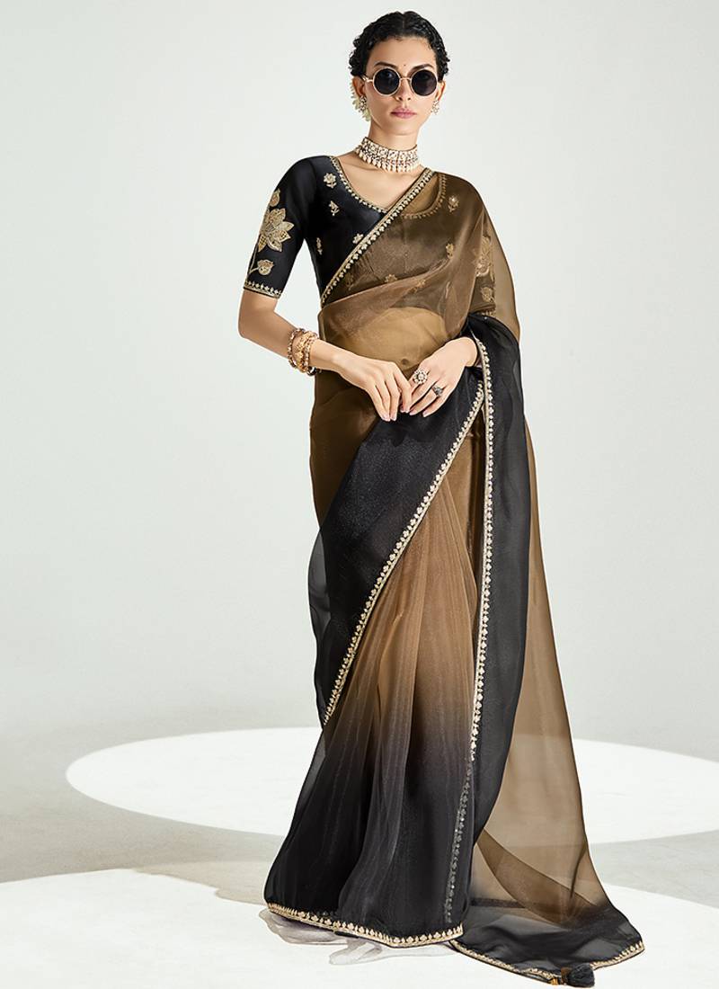 Brown and black organza tissue sequins embroidery handwork wedding wear saree