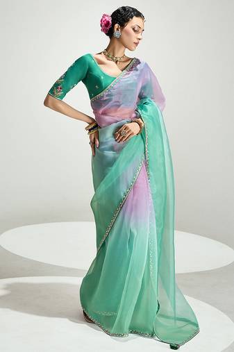 Turquoise and pink organza tissue sequins embroidery handwork wedding wear saree