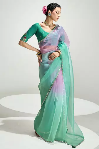 Turquoise and pink organza tissue sequins embroidery handwork wedding wear saree