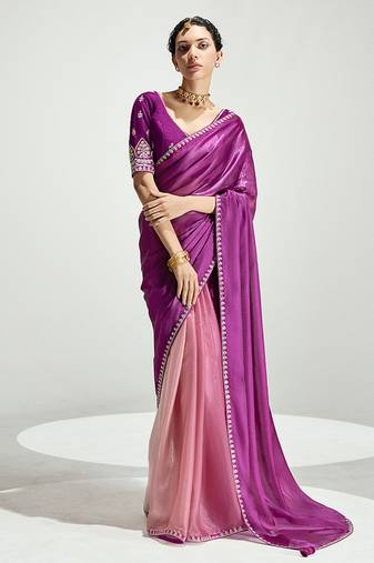 Magenta and peach organza tissue sequins embroidery handwork wedding wear saree