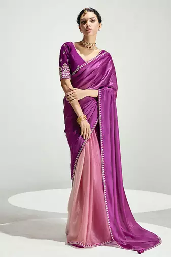 Magenta and peach organza tissue sequins embroidery handwork wedding wear saree