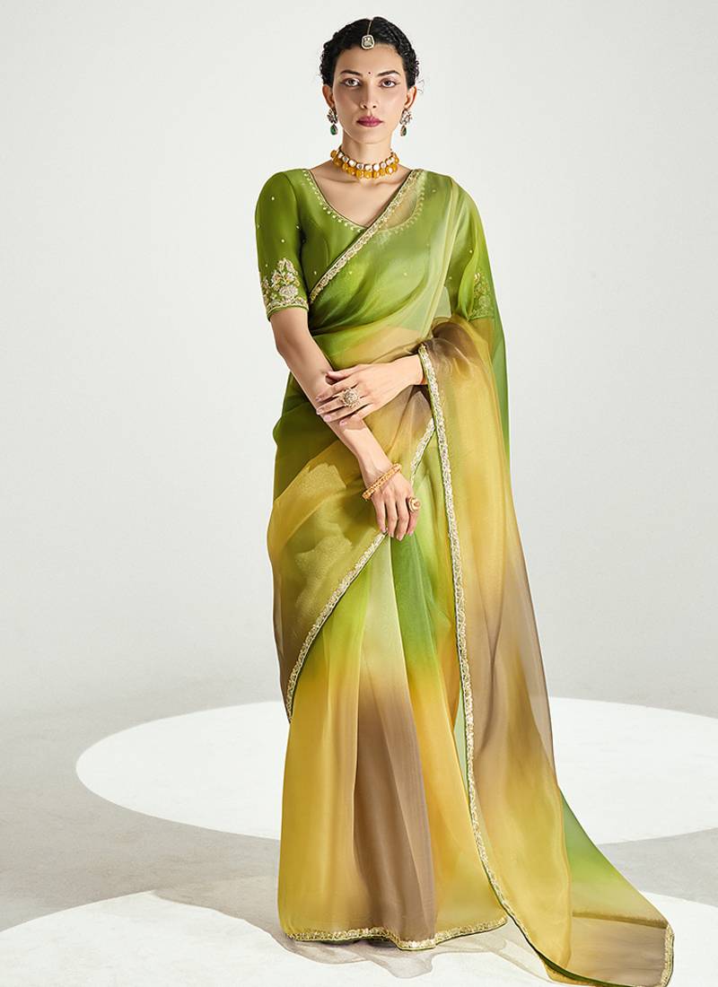 Multi colour organza tissue sequins embroidery handwork wedding wear saree