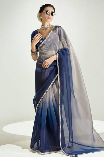 Navy blue and beige organza tissue sequins embroidery handwork wedding wear saree