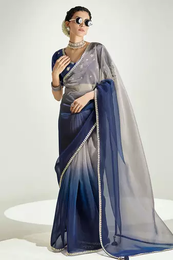 Navy blue and beige organza tissue sequins embroidery handwork wedding wear saree