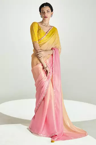 Organza tissue pink and yellow sequins embroidery handwork engagement wear saree