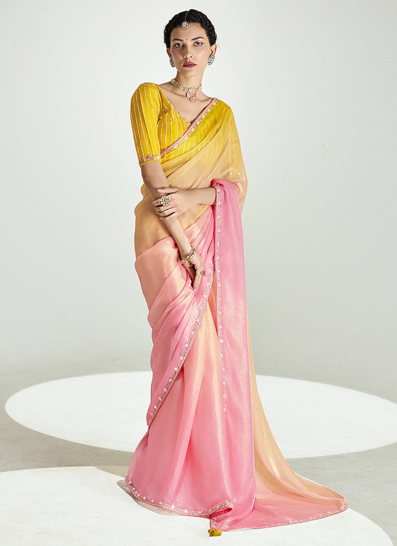 Organza tissue pink and yellow sequins embroidery handwork engagement wear saree