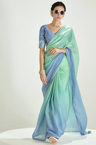 Organza tissue sea green and light blue sequins embroidery handwork engagement wear saree