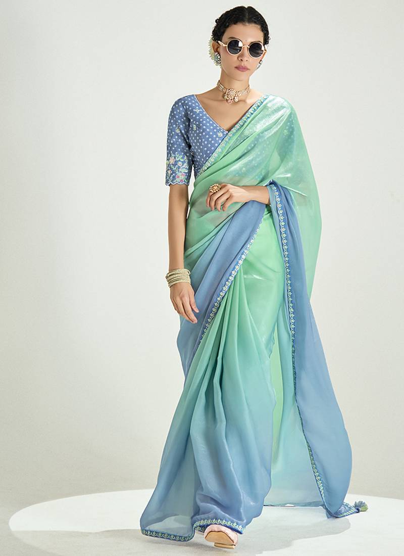 Organza tissue sea green and light blue sequins embroidery handwork engagement wear saree
