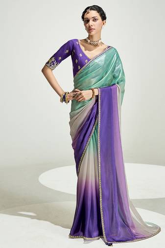 Multi colour organza tissue sequins embroidery handwork wedding wear saree