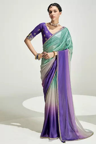 Multi colour organza tissue sequins embroidery handwork wedding wear saree