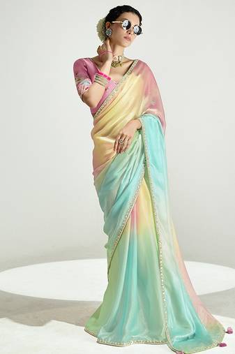 Multi colour organza tissue sequins embroidery handwork wedding wear saree