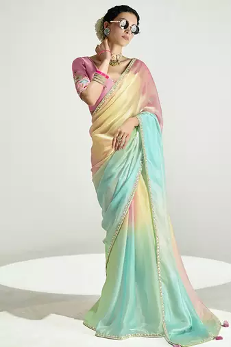 Multi colour organza tissue sequins embroidery handwork wedding wear saree