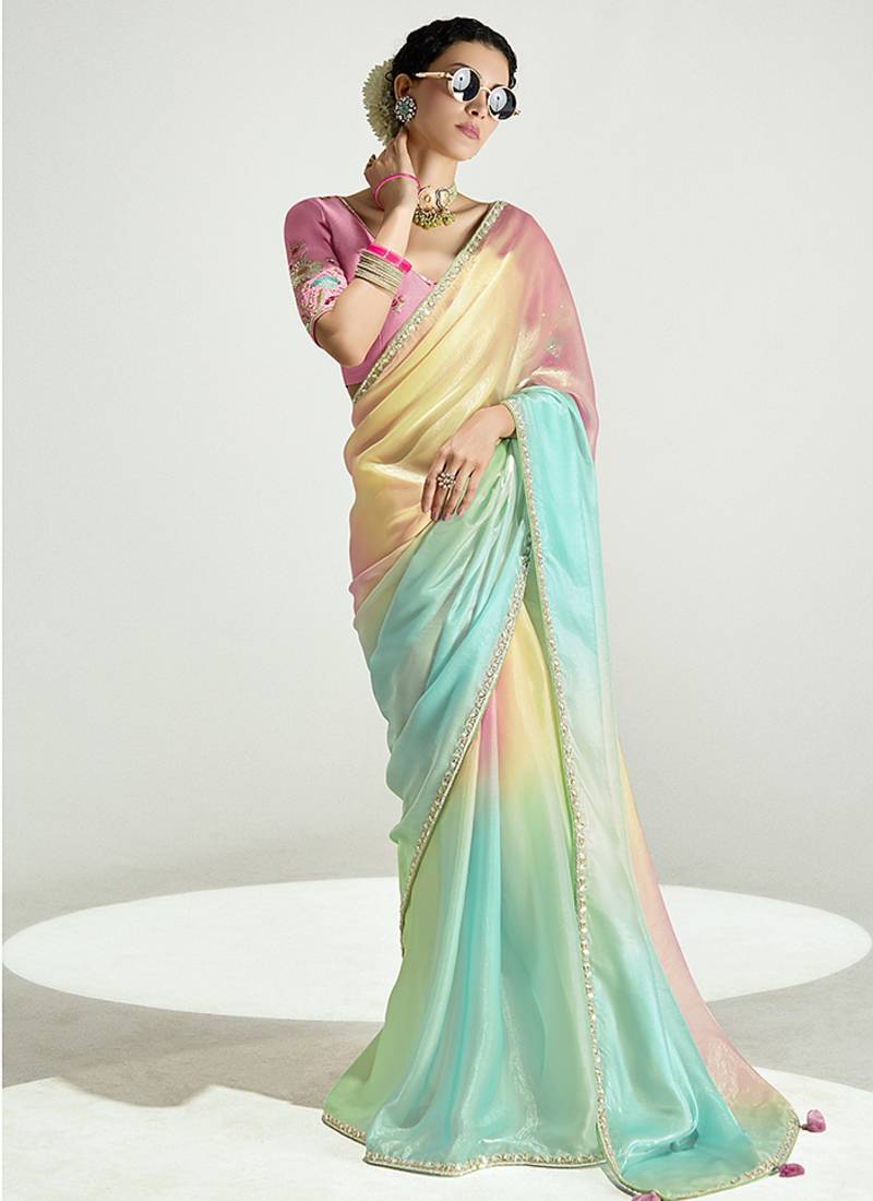 Multi colour organza tissue sequins embroidery handwork wedding wear saree
