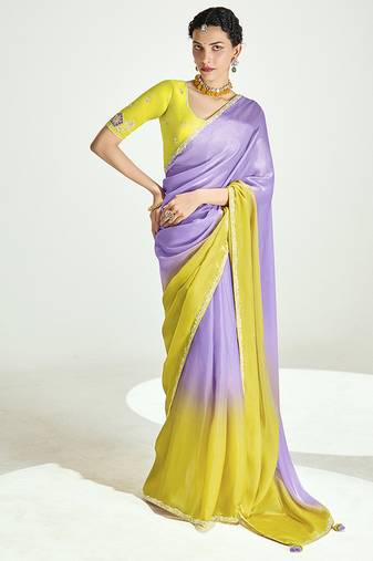 Lavender and yellow organza tissue sequins embroidery handwork wedding wear saree