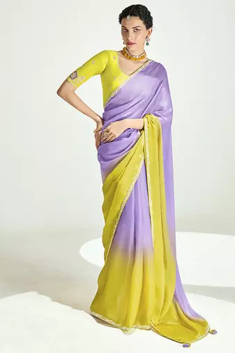Lavender and yellow organza tissue sequins embroidery handwork wedding wear saree