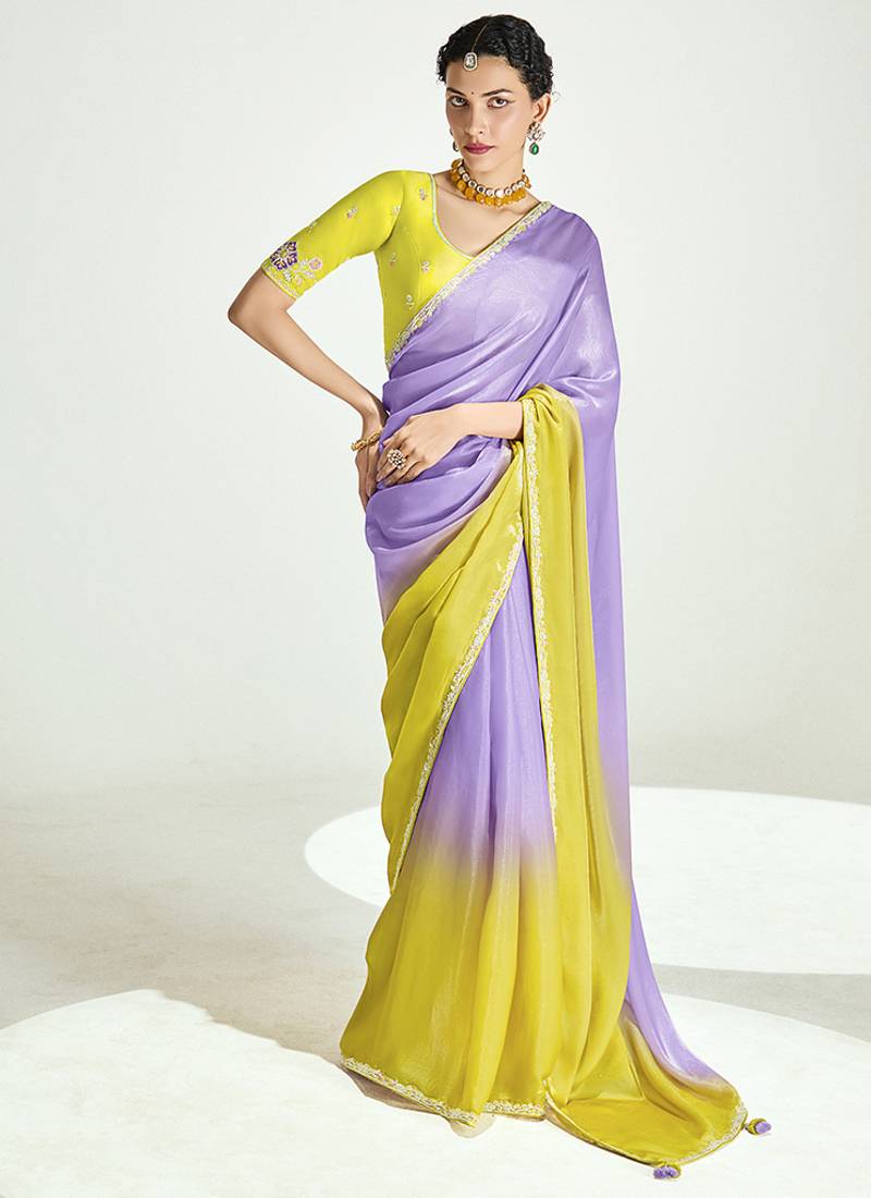 Lavender and yellow organza tissue sequins embroidery handwork wedding wear saree