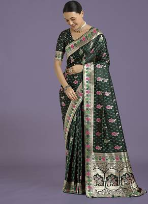 Dark green banarasi zari woven satin saree 1