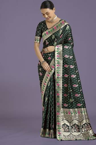 Dark green with gold bordar banarasi zari woven satin saree