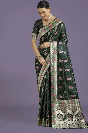 Dark green with gold bordar banarasi zari woven satin saree