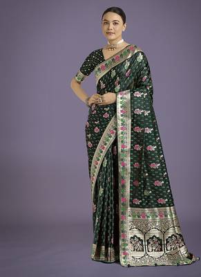 Dark green banarasi zari woven satin saree 2