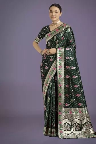 Dark green banarasi zari woven satin saree