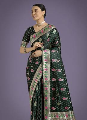 Dark green banarasi zari woven satin saree 3