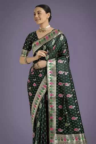 Dark green banarasi zari woven satin saree