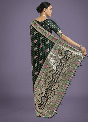 Dark green banarasi zari woven satin saree 4